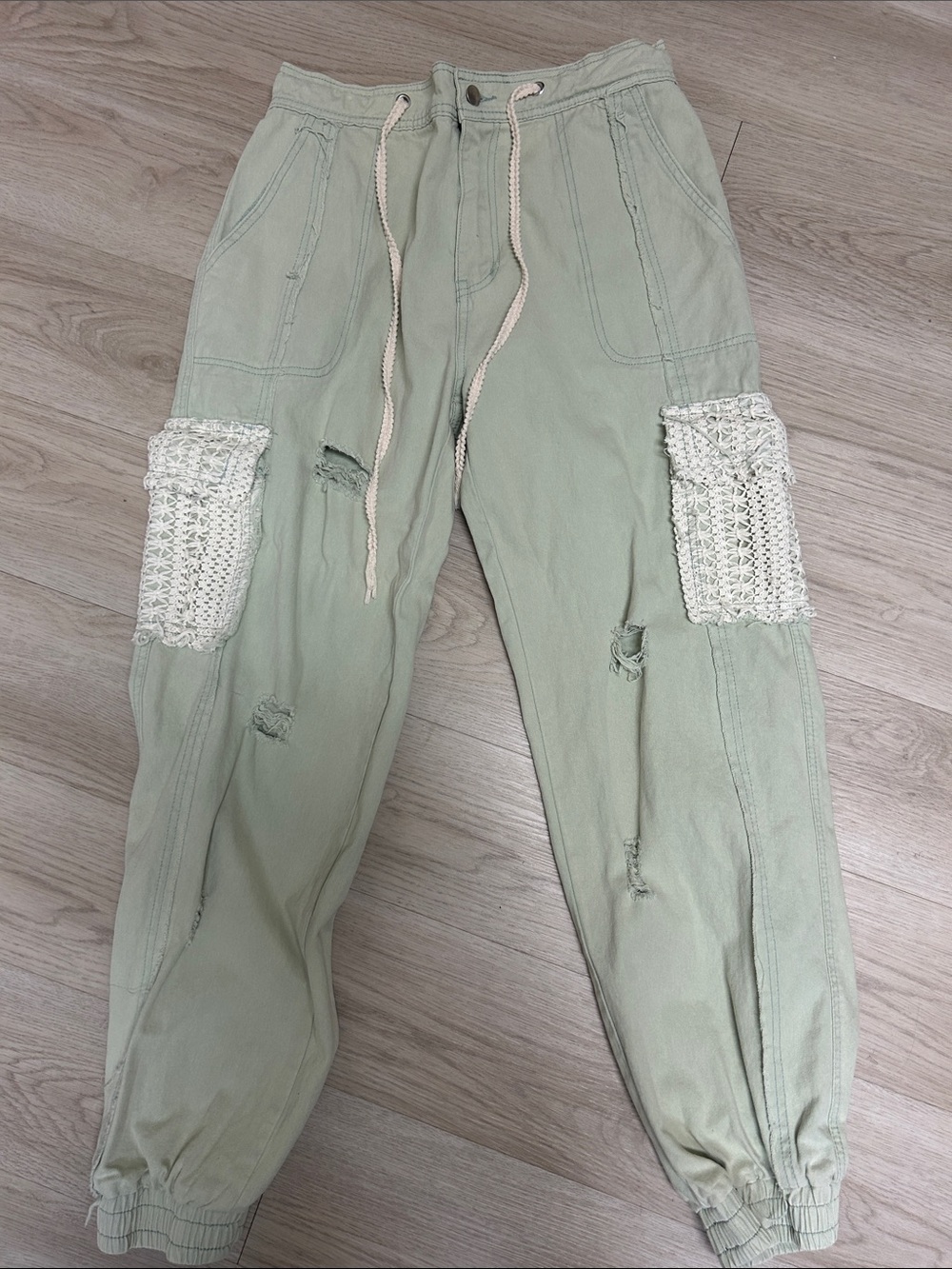 POL Boho Sage Green Crochet Patch Cargo Joggers